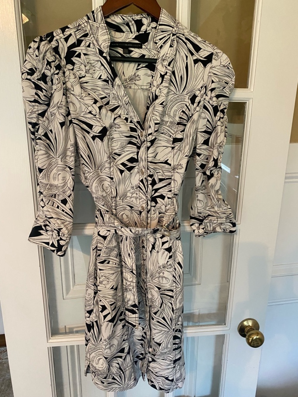 White House Black Market Black & White Botanical Midi Shirt Dress